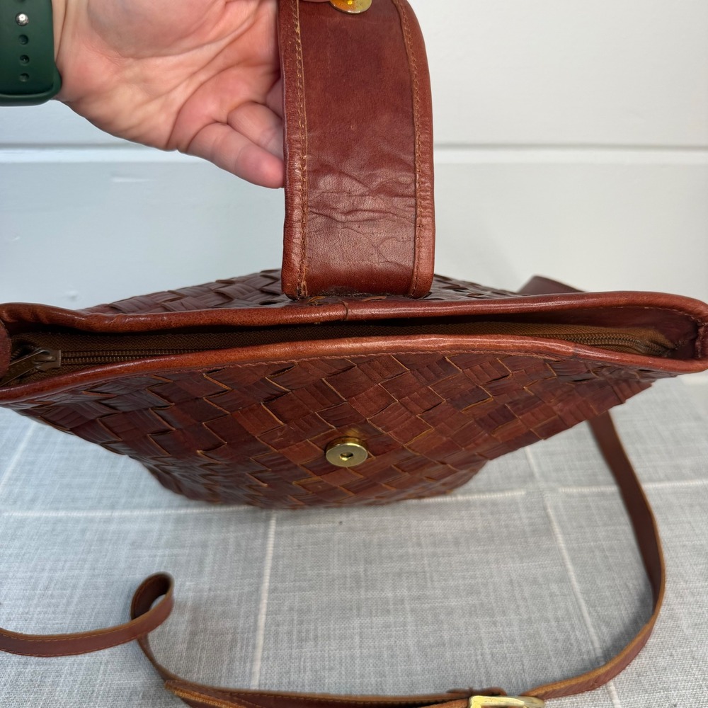 Vintage Woven Leather Crossbody Bag Brown Made in India Boho Basketweave Cottage - Picture 6 of 11